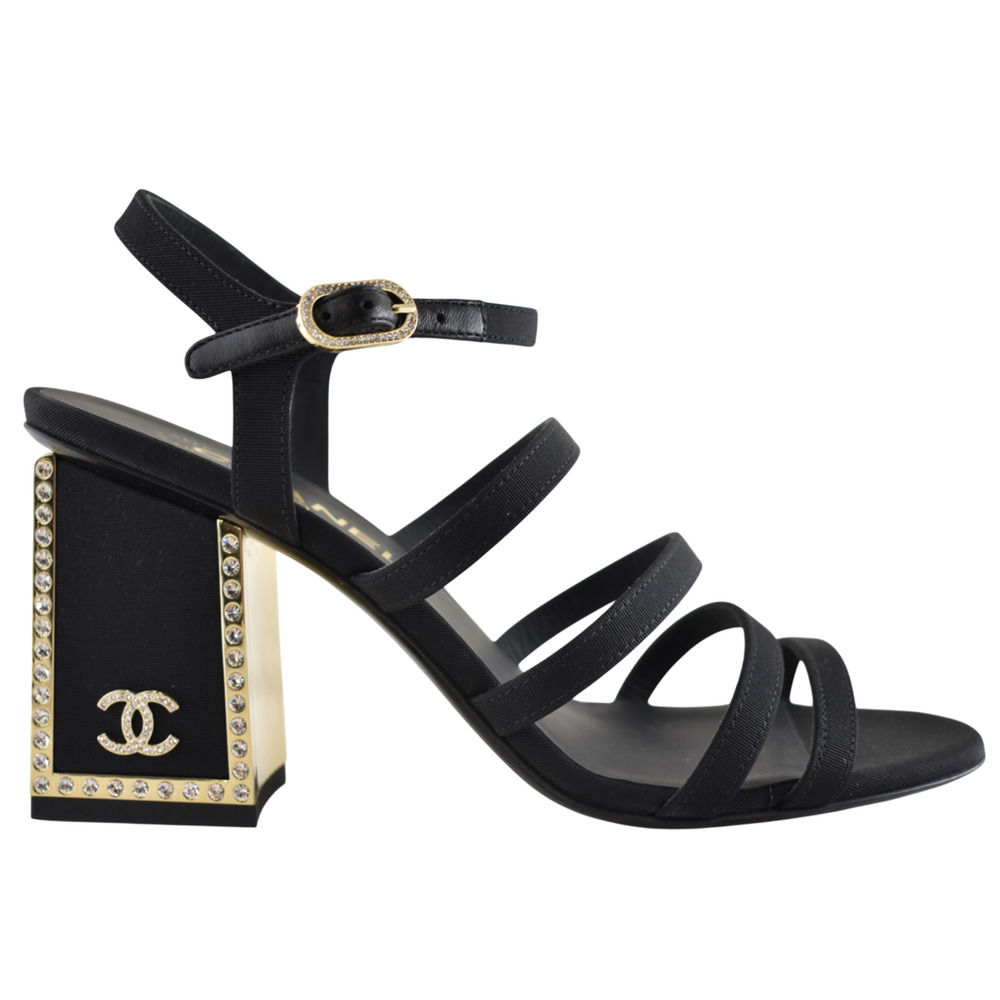 Chanel 24B Black Strappy Crystal CC Logo Ankle Strap Block Heel Sandals 38